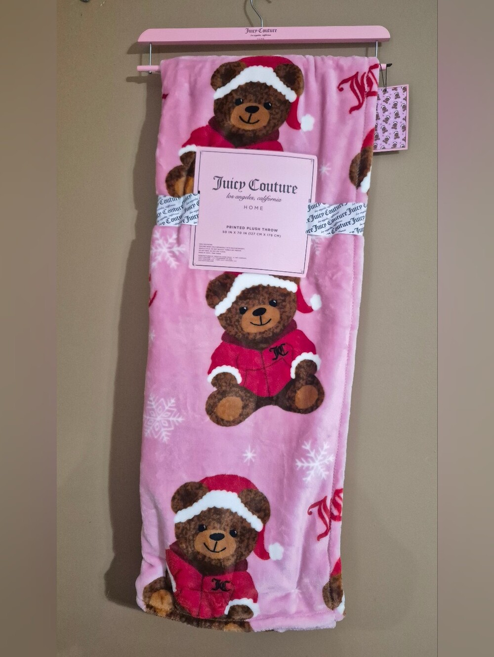 Juicy Couture Pink Teddy Bear Plush Throw Blanket For Adults Or Kids NWT